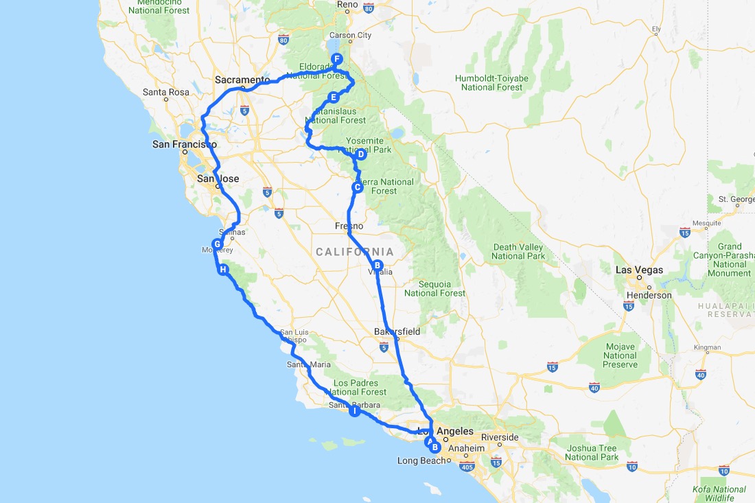 road trip in california map